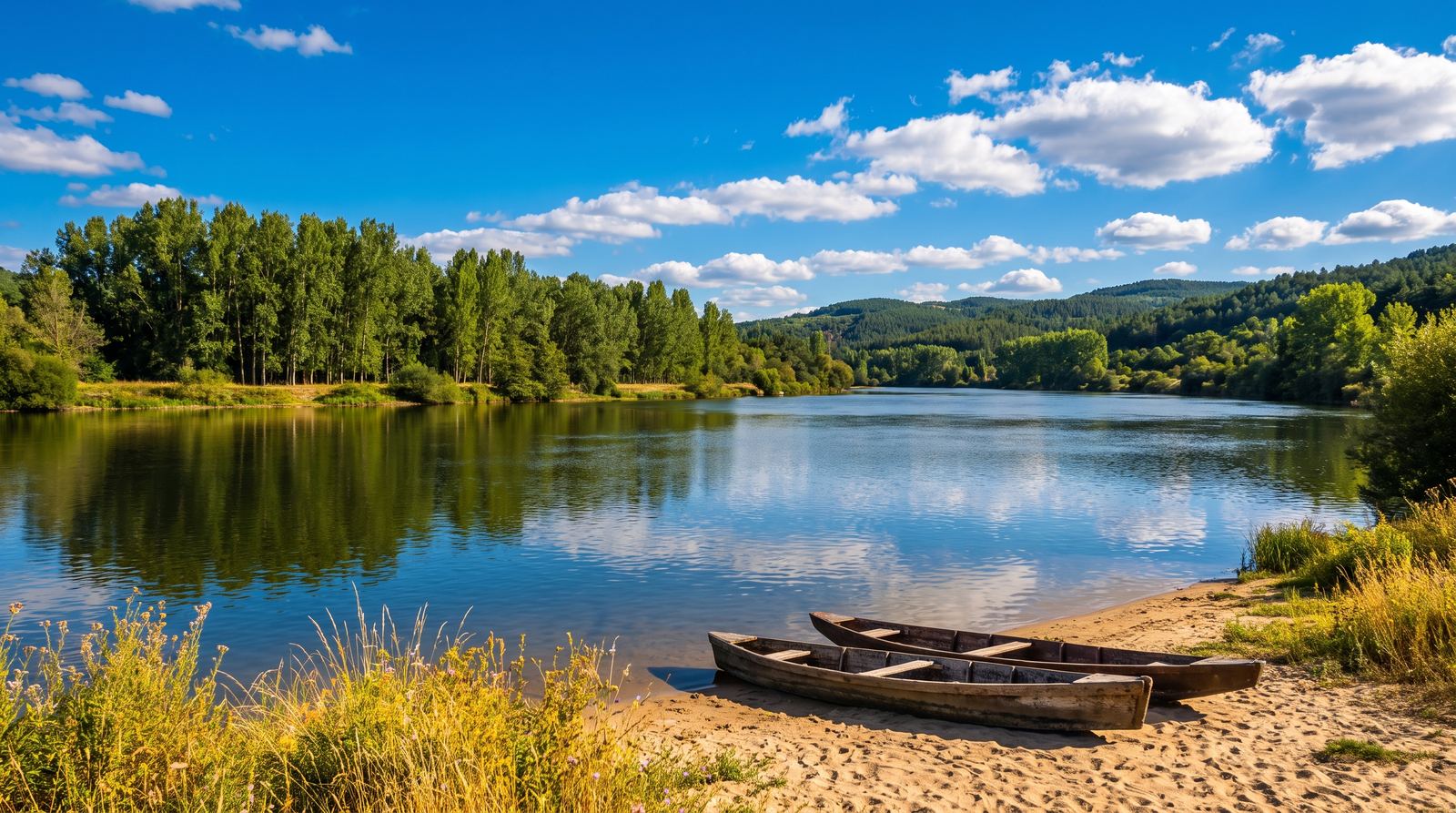 El lago de Sahechores, con sus piraguas en la orilla